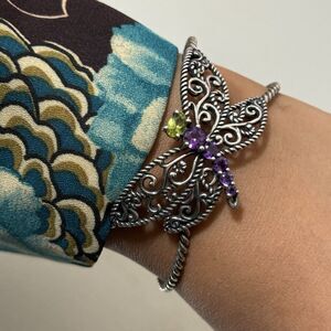 Vintage Carolyn Pollack Dragonfly Amethyst & Peridot Sterling Cuff Bracelet